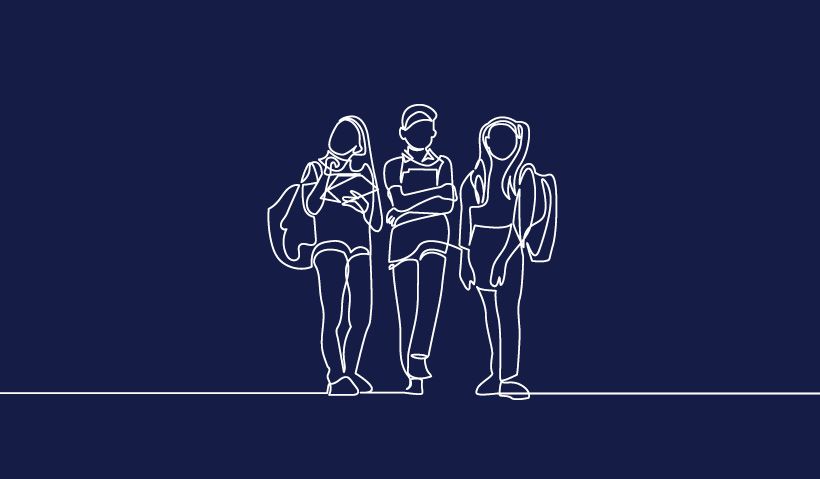 Outline drawing of three students